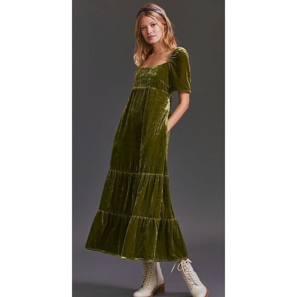 Anthropologie Sage Green Velvet Empire Waist Romantic Dress. Size 2
